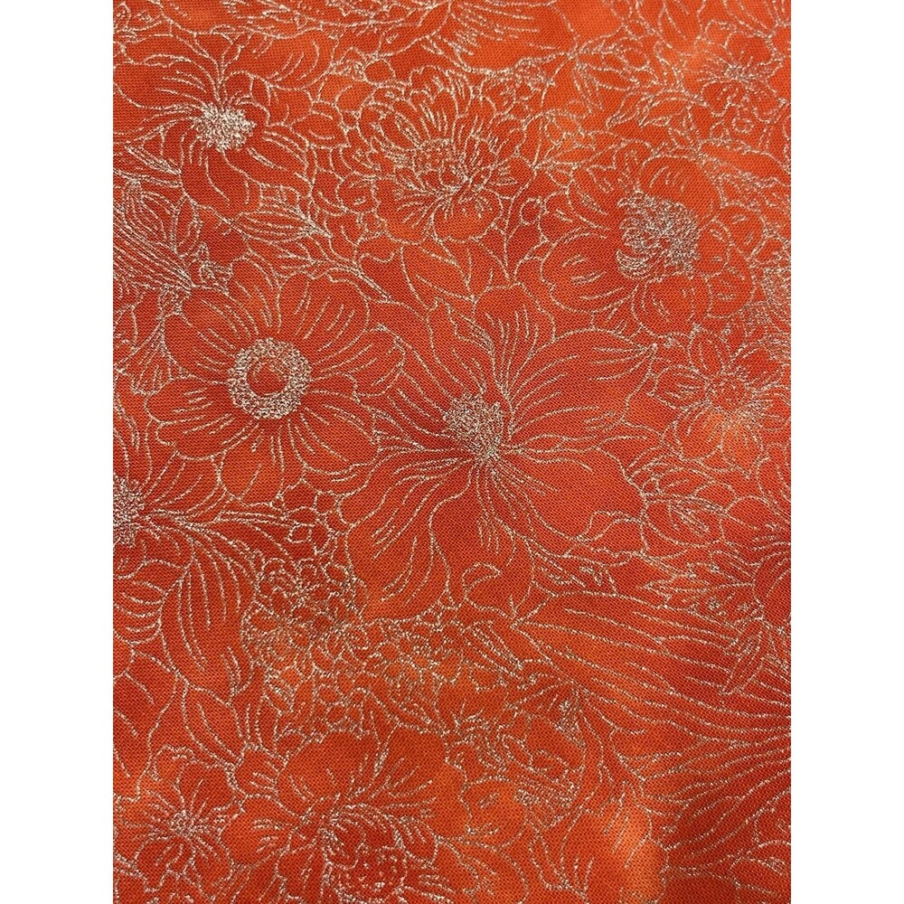 Vtg Metallic Floral Quilting Fabric 2.5 Yards Cotton Silver Tangerine Print
